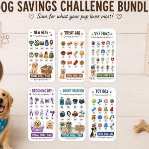 May include: Dog savings challenge bundle with six laminated cards, each 3" x 6", for budgeting. Cards include "New Gear," "Treat Jar," "Vet Fund," "Grooming Day," "Doggy Vacation," and "Toy Box." A golden retriever wears a blue bandana.