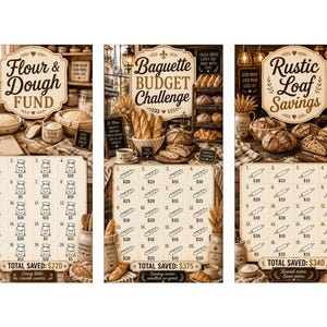 May include: Three rustic-themed savings charts with the titles "Flour & Dough Fund", "Baguette Budget Challenge", and "Rustic Loaf Savings". Each chart features illustrations of bread and flour sacks, with spaces to track savings. The total saved amounts are displayed.