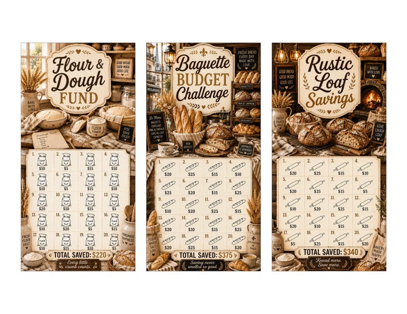 May include: Three rustic-themed savings charts with the titles "Flour & Dough Fund", "Baguette Budget Challenge", and "Rustic Loaf Savings". Each chart features illustrations of bread and flour sacks, with spaces to track savings. The total saved amounts are displayed.