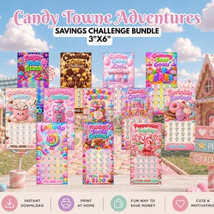 Könnte beinhalten: Eine Sammlung von Spar-Challenge-Bundles mit Süßigkeiten-Thema. Jede Karte zeigt ein anderes Design mit Süßigkeiten, wie Lollis und Gummibärchen. Der Text "Candy Towne Adventures" und "Savings Challenge Bundle" ist oben zu sehen.