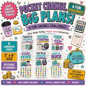 May include: A set of six laminated 3 inch by 6 inch savings challenge cards titled Pocket Change, Big Plans. The cards feature colourful illustrations of coins, wallets, and jars with text prompts for tracking financial goals, including Fiver Fever, Two Buck Chuck, and Just A Buck, alongside icons like a calculator, receipt, and coffee cup.