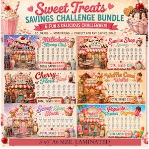 May include: A laminated savings challenge bundle with a sweet treats theme. The design features six different challenges, each with an ice cream shop illustration. The bundle is 7.6cm x 15.2cm in size and includes challenges like the Milkshake Money Club and Sundae Shop Savings.