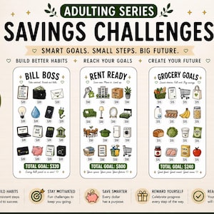 May include: A colourful savings challenges bundle with the text "ADULTING SERIES SAVINGS CHALLENGES". The bundle includes "Bill Boss", "Rent Ready", and "Grocery Goals" challenges, each with illustrated savings goals.