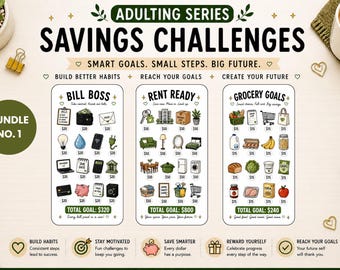 May include: A colorful savings challenges bundle with the text "ADULTING SERIES SAVINGS CHALLENGES". The bundle includes "Bill Boss", "Rent Ready", and "Grocery Goals" challenges, each with illustrated savings goals.