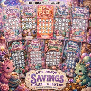 May include: A digital download collection of nine dragon-themed savings challenge trackers. Each rectangular card features colorful illustrations of dragons, eggs, and themed icons with designated spaces for tracking monetary savings amounts.