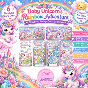 May include: A set of six laminated 3 inch by 6 inch story cards titled Baby Unicorn's Rainbow Adventure. The cards feature colourful illustrations of unicorns, castles, rainbows, and crystals with numbered savings challenge circles for tracking money.