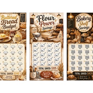 May include: Three scratch-off tickets with bakery themes. The tickets are titled "Buttered Bread Budget," "Flour Power Savings," and "Bakery Shelf Savings." Each ticket features images of bread, butter, and baked goods, with a total savings amount displayed.
