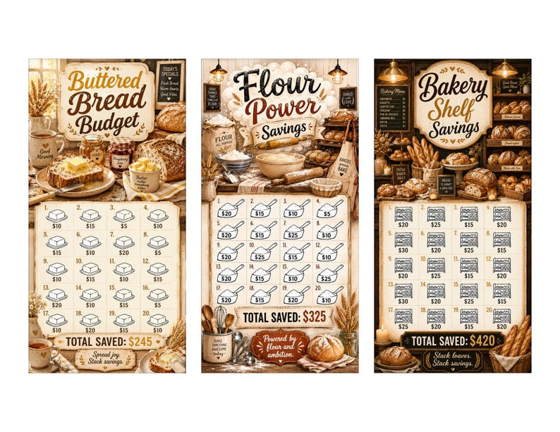 May include: Three scratch-off tickets with bakery themes. The tickets are titled "Buttered Bread Budget," "Flour Power Savings," and "Bakery Shelf Savings." Each ticket features images of bread, butter, and baked goods, with a total savings amount displayed.
