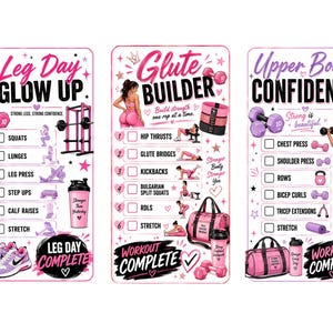 Puede incluir: Tres tablas de seguimiento de ejercicios rectangulares con detalles en rosa y morado. Las tablas se titulan Leg Day Glow Up, Glute Builder y Upper Body Confidence. Cada una incluye listas de ejercicios, ilustraciones de equipos de gimnasio y texto motivador.