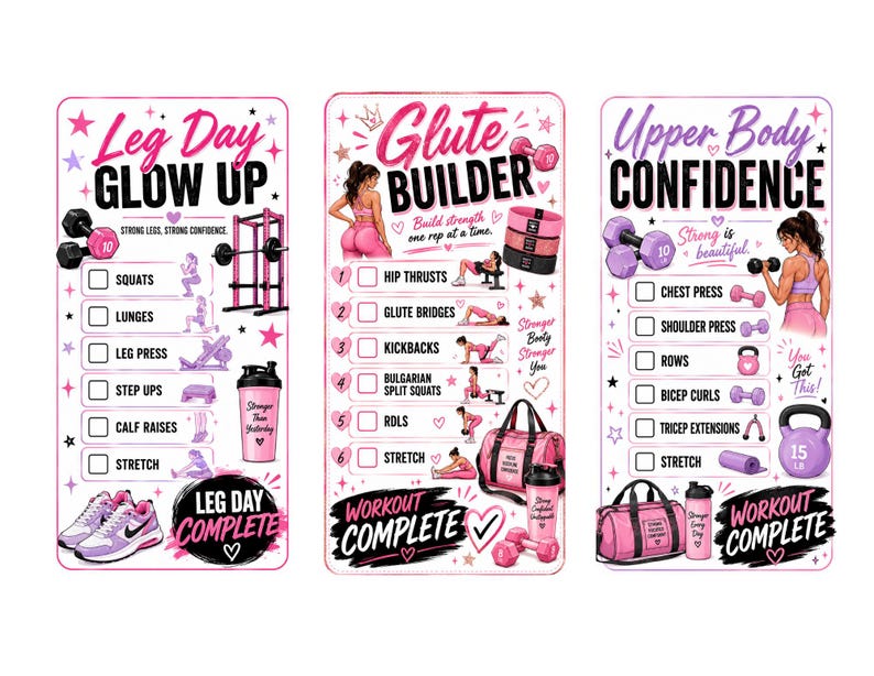 Puede incluir: Tres tablas de seguimiento de ejercicios rectangulares con detalles en rosa y morado. Las tablas se titulan Leg Day Glow Up, Glute Builder y Upper Body Confidence. Cada una incluye listas de ejercicios, ilustraciones de equipos de gimnasio y texto motivador.