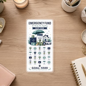 May include: A rectangular emergency fund savings tracker card with the text EMERGENCY FUND Be Ready For Anything SAVE $500. It features illustrations of a jar, house, car, and safe, with a grid of twenty icons labeled $25 and GOAL: $500.