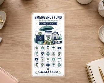 Pode incluir: Um cartão retangular de rastreamento de poupança para fundo de emergência com o texto EMERGENCY FUND Be Ready For Anything SAVE $500. Apresenta ilustrações de um pote, casa, carro e cofre, com uma grade de vinte ícones marcados com $25.