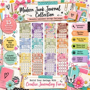 May include: A Modern Junk Journal Collection featuring 15 reusable laminated savings challenge cards in various colours. The set includes trackers for tracking savings visually with dry erase markers, decorated with floral and paper craft motifs.