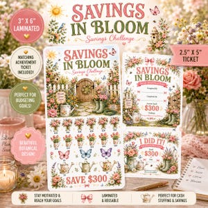Savings in Bloom Challenge | Laminated 3x6 Cash Stuffing Challenge | Floral Budget Tracker | Matching Achievement Ticket | Reusable