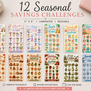 May include: Twelve seasonal savings challenges, each 7.6 cm x 15.2 cm, laminated and reusable. Designs include themes like spring cleaning, beach trips, and holiday magic. The text reads "12 Seasonal Savings Challenges".