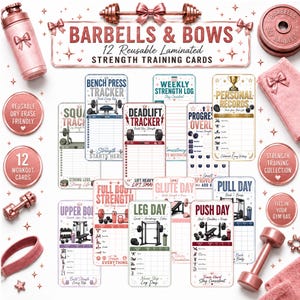 May include: A set of 12 reusable laminated strength training cards titled Barbells & Bows, featuring various workout trackers like bench press, deadlift, and leg day. The cards are decorated with rose gold bows, dumbbells, and gym equipment icons.