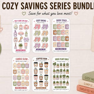 May include: A set of six laminated savings challenge cards, each 7.6 cm x 15.2 cm, with themes including self-care, cozy socks, and coffee runs. The cards feature illustrations and text, with a total goal amount listed on each. A mug and books are in the image.