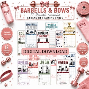 May include: A set of 12 reusable laminated strength training cards titled Barbells & Bows, featuring digital workout trackers for bench press, deadlift, squat, and leg day. The cards include rose gold accents, gym equipment illustrations, and text.
