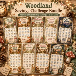 May include: Nine laminated cash stuffing challenge cards, each 7.6 x 15.2 cm, with woodland animal designs. Themes include Forest Friends and Cozy Foxss. Savings goals are displayed, ranging from £96 to £168, with illustrations of animals.
