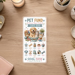 Peut inclure: Une carte de suivi d'épargne rectangulaire pour animaux de compagnie avec un chiot golden retriever et un chaton tigré. La carte affiche le texte PET FUND, SAVE $250 et GOAL: $250, avec des icônes sur le thème des animaux et des montants.
