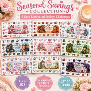May include: A set of nine laminated savings challenge cards, each measuring 7.62 cm by 15.24 cm. The cards feature seasonal themes including Valentine's, Thanksgiving, Holiday, Father's Day, Mother's Day, St. Patrick's Day, Birthday, Easter, and Halloween.