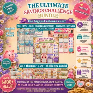 Op de afbeelding: Digitale spaaruitdagingbundel met meer dan 25 thema's en 150+ uitdagingskaarten. Bevat zeemeermin-, tuin- en bakkerijthema's. Inclusief direct downloaden, afdrukbare ontwerpen en herbruikbare gelamineerde kaarten. Waarde van meer dan €400.