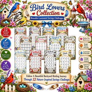 May include: A collection of 12 reusable laminated savings challenge cards featuring bird-themed artwork. Each card displays illustrations of various birds, flowers, and birdhouses, with designated spots to track financial progress toward specific goals.