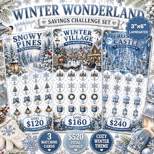 May include: A set of three laminated 7.6cm x 15.2cm savings challenge cards with a winter theme. The cards are titled Snowy Pines, Winter Village, and Frost Castle, featuring illustrations of snowy landscapes, a village, and a castle with scratch-off circles.