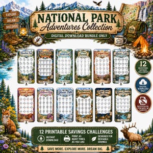 Puede incluir: Un paquete de descarga digital de la National Park Adventures Collection que incluye 12 desafíos de ahorro imprimibles. Cada tarjeta de desafío muestra un tema al aire libre único, como Mountain Trail, Pine Forest y Glacier Path, con iconos para seguir los ahorros.