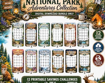 12 afdrukbare spaaruitdagingen | Direct downloaden | Thema Nationaal Park | Budgettracker | Spaaruitdagingsbundel | Afdrukbare financiën