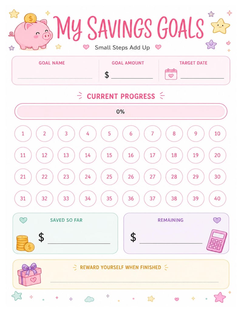 May include: A pink and white savings goal tracker sheet featuring a piggy bank, stars, and a progress chart with forty numbered circles. The text reads My Savings Goals, Small Steps Add Up, Goal Name, Goal Amount, Target Date, Current Progress, Saved So Far, Remaining, and Reward Yourself When Finished.