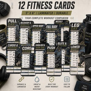 May include: A set of 12 fitness cards, each 7.6cm x 15.2cm and laminated, designed as a complete workout companion. The cards feature various workout routines, including pull day, leg day, and core training, with illustrations and instructions.