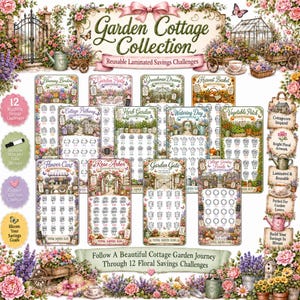 May include: A set of 12 Garden Cottage Collection reusable laminated savings challenges featuring floral and garden-themed artwork. Each card displays specific garden scenes, circular icons for tracking savings, and text labels like Blooming Borders, Garden Party, Greenhouse Dreams, Harvest Basket, Cottage Pathway, Herb Garden, Watering Day, Vegetable Patch, Flower Cart, Rose Arbor, Garden Gate, and Cottage Garden Finale.