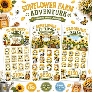 Op de afbeelding: Drie spaarchallenge-kaarten getiteld Sunflower Farm Adventure, Sunflower Festival en Blooming Field. Elke kaart bevat zonnebloemillustraties, geldbedragen en spaardoelen van $100, $250 en $150, versierd met bijen en vlinders.