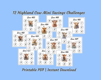 Download digitale del set di 12 mini sfide di risparmio Highland Cow