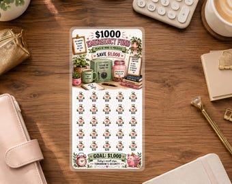 Pode incluir: Um cartão retangular de rastreamento de poupança $1000 Emergency Fund com um cofre verde, um porquinho-mealheiro rosa e linhas de ícones de sacos de dinheiro com valores em dólares. O cartão inclui texto como $1000 EMERGENCY FUND, SAVE $1000 e GOAL: $1000.