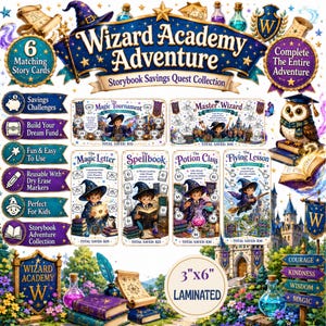 May include: A Wizard Academy Adventure savings quest collection featuring six illustrated story cards with magical themes, including The Magic Tournament, Master Wizard, The Magic Letter, The Spellbook, Potion Class, and Flying Lesson, measuring 3x6 inches.