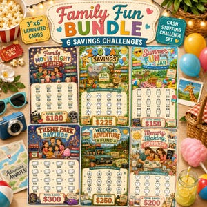 May include: A colorful Family Fun Bundle with six savings challenges, including Zoo Day, Movie Night, and Theme Park. The laminated cards are 3"x6" and feature illustrations of family activities. The total savings amounts are displayed.