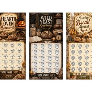 May include: Three vintage-style scratch-off cards with bread-themed designs. The cards feature illustrations of bread, jars, and ovens, with text like "Hearth Oven Dreams," "Wild Yeast Savings," and "Sunday Bread Market Fund."
