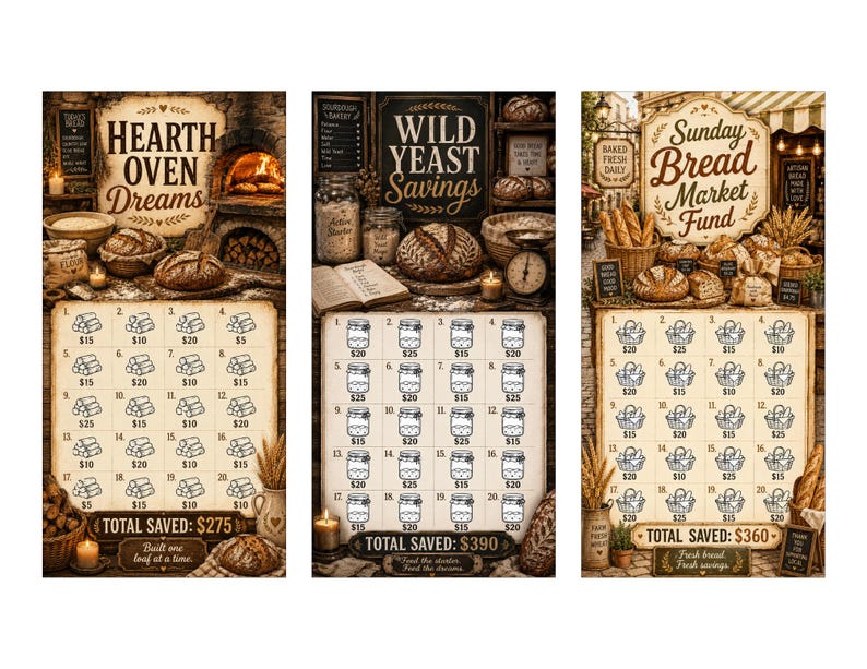 May include: Three vintage-style scratch-off cards with bread-themed designs. The cards feature illustrations of bread, jars, and ovens, with text like "Hearth Oven Dreams," "Wild Yeast Savings," and "Sunday Bread Market Fund."