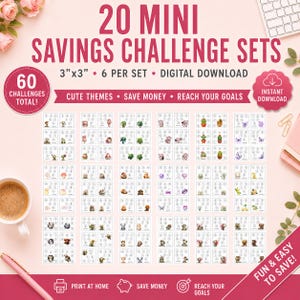 May include: A collection of 20 mini savings challenge sets, each 3"x3", with 6 per set. The image features various cute themes and the text "Save Money" and "Reach Your Goals". The digital download includes 60 challenges total.