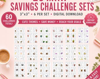 60 Mini Savings Challenges Bundle | 20 Printable Savings Challenge Sets | 3x3 Mini Budget | Cute Savings Tracker | Digital Download
