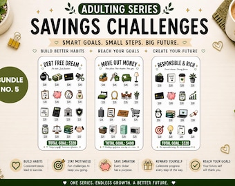 May include: A financial planning graphic with the text "Adulting Series Savings Challenges." It features three savings challenges: Debt Free Dream, Move Out Money, and Responsible & Rich. Each challenge has a total goal amount.