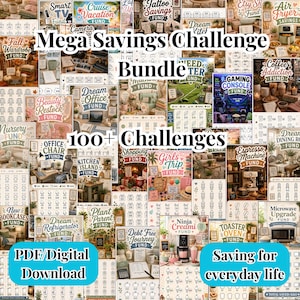 May include: A promotional collage for a "Mega Savings Challenge Bundle" with over 100 challenges, featuring various themes such as "Smart TV Fund" and "Cruise Vacation Fund." The image includes text that reads "PDF/Digital Download" and "Saving for everyday life."