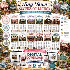 Puede incluir: Un paquete de desafíos de ahorro imprimibles titulado Tiny Town Savings Collection con doce tarjetas ilustradas con temas de tiendas. Cada tarjeta muestra un edificio único, montos de ahorro e iconos para descarga e impresión.