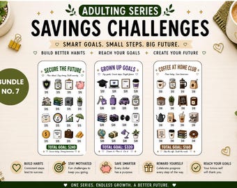 May include: A colorful graphic with the text "ADULTING SERIES SAVINGS CHALLENGES" and three themed savings trackers: "Secure the Future," "Grown Up Goals," and "Coffee at Home Club." Each tracker has a total goal amount.
