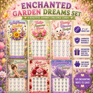 May include: A set of six savings challenge cards with floral and garden themes. Each card features a different design, including wildflowers, tulips, a bunny, a fairy, roses, and lavender. The cards are 7.6 cm x 15.2 cm and laminated.