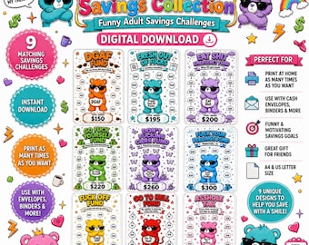 Swear Bear Savings Collection – Funny Adult Savings Challenges | 9 Printable PDF Savings Trackers | Digital Download | Printable Bundle