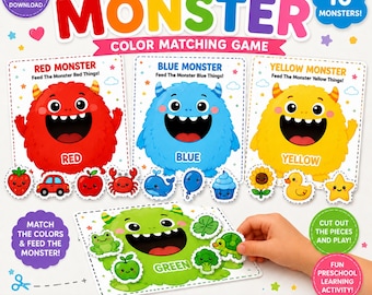 May include: A digital download color matching game titled Feed The Monster featuring red, blue, yellow, and green monster cards with corresponding colored objects like a strawberry, car, apple, crab, whale, balloon, cupcake, sunflower, duck, star, frog, and broccoli.