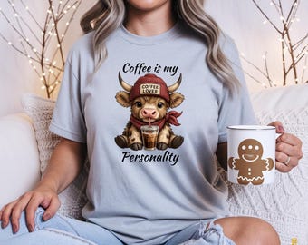 Maglietta con mucca "Il caffè è la mia personalità" / Grafica carina per gli amanti del caffè